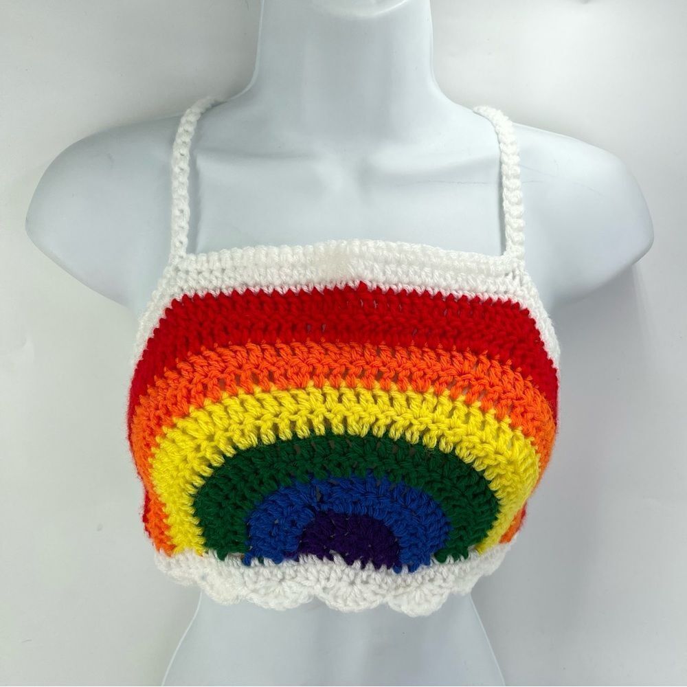 Handmade Napper brand rainbow crop top halter adjustable pride crochet XL NEW - Picture 15 of 16